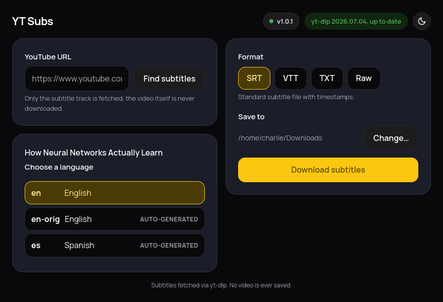 YT Subs showing a fetched video's language list on the left and format picker with an SRT, VTT, TXT, and Raw choice on the right